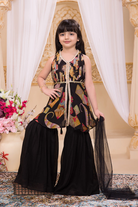 Girls Printed Regular Kurta with Sharara & With Dupatta