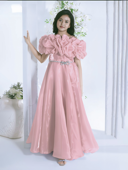 Peach Puff-Sleeve Floor-Length Gown for Girls – Designer Occasion Dress
