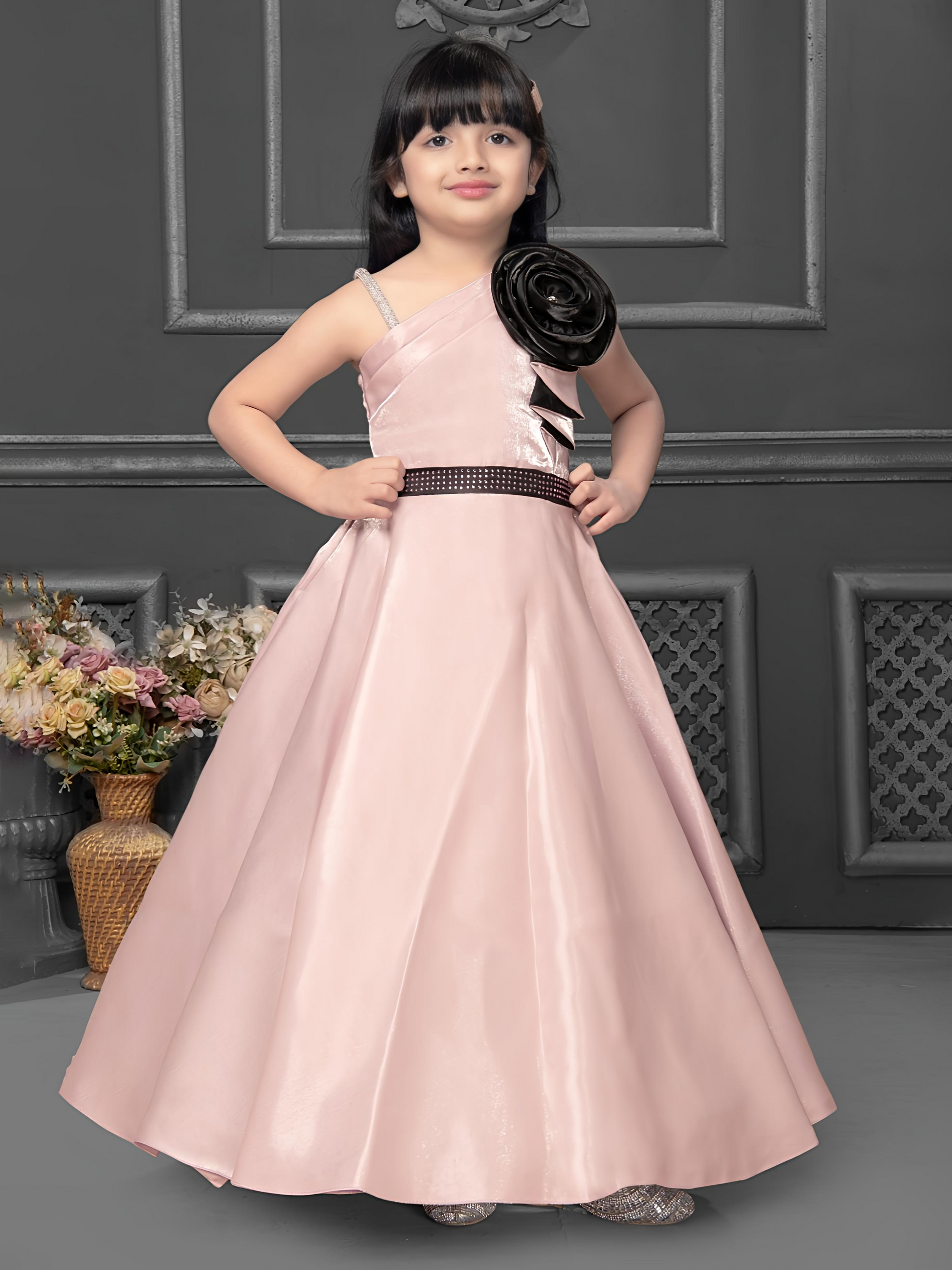 Blush Pink One-Shoulder Gown for Girls with Black Floral Accent Desi Pink Leaf Blush Pink One-Shoulder Gown for Girls with Black Floral Accent Desi Pink Leaf