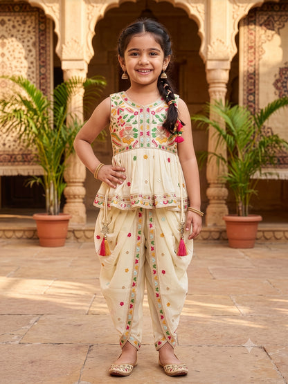 Girls Ethnic Motifs Embroidered Regular Thread Work Kurti with Dhoti Pants