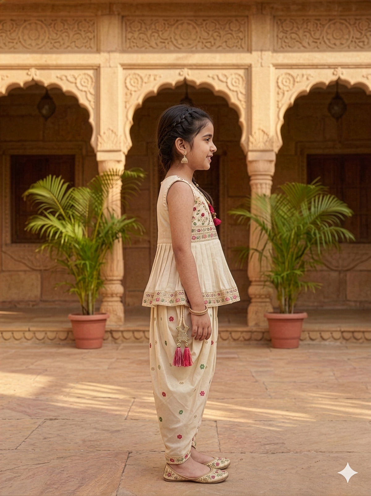 Girls Ethnic Motifs Embroidered Regular Thread Work Kurti with Dhoti Pants