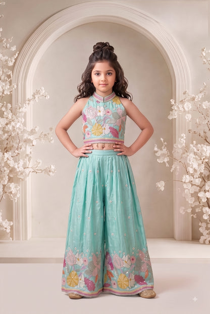 Girls Floral Embroidered Regular Sequinned Top with Palazzos