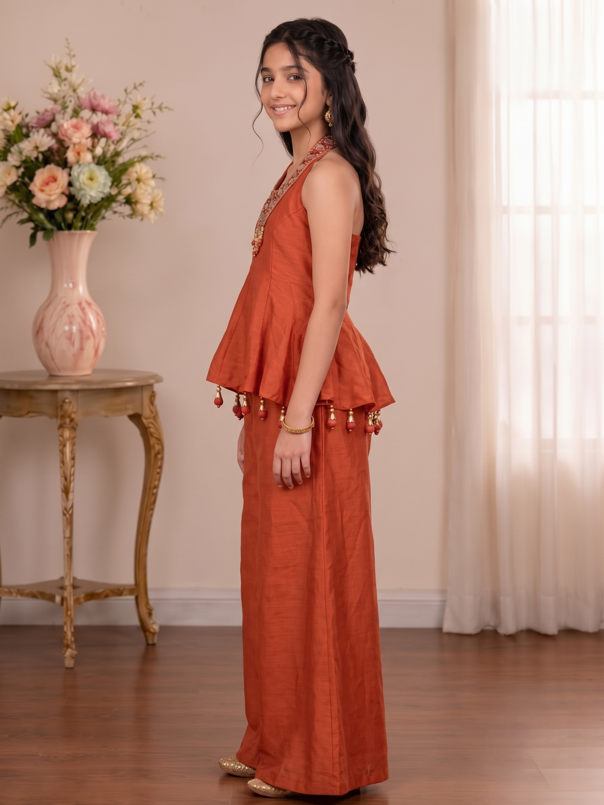 Girls Embellished Halter Peplum and Palazzo Set