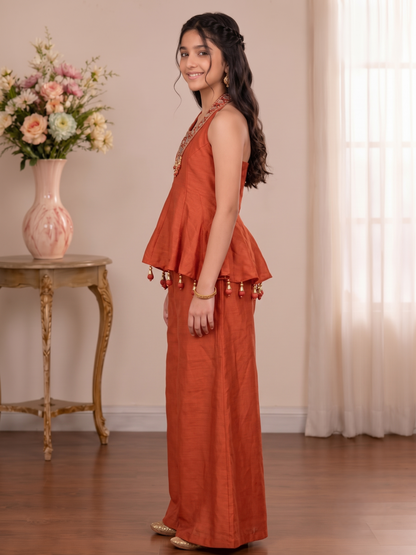 Girls Embellished Halter Peplum and Palazzo Set