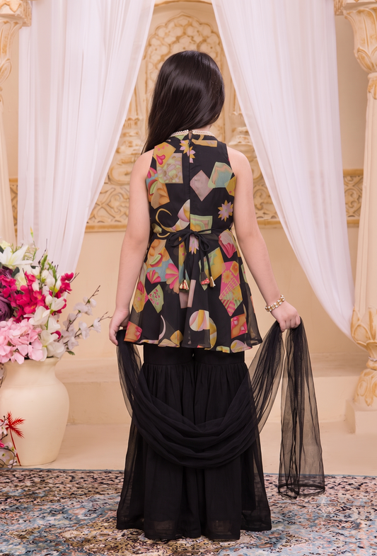 Girls Printed Regular Kurta with Sharara & With Dupatta