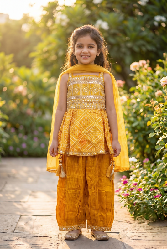 Girls Ethnic Motifs Tiered Mirror Work Kurta with Patiala & Dupatta