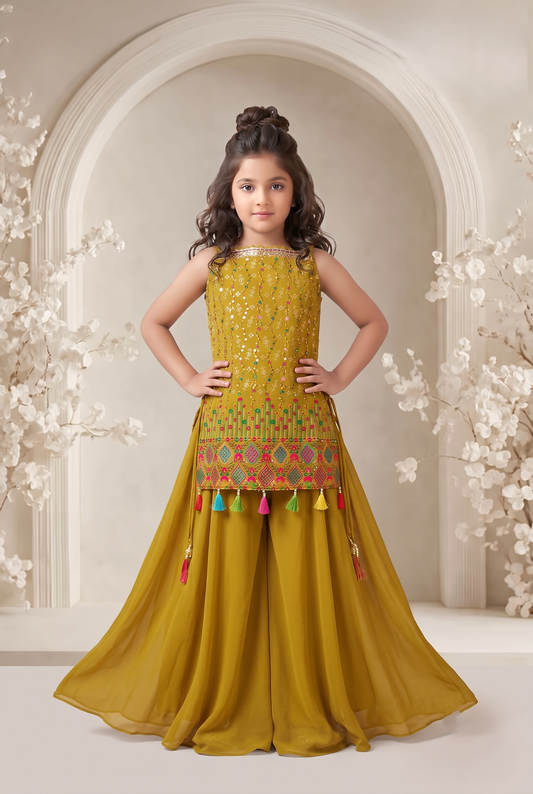 Girls Ethnic Motifs Embroidered Regular Thread Work Kurta with Sharara