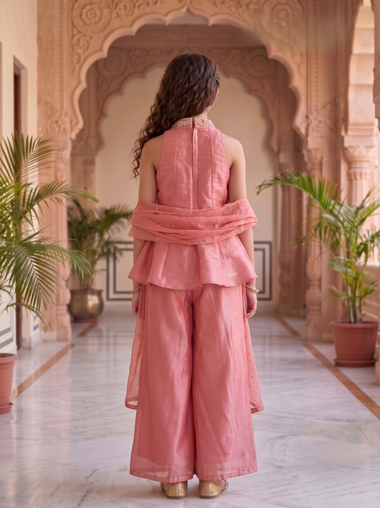 Girls' Pink Embellished Halter Peplum and Palazzo Set with Dupatta