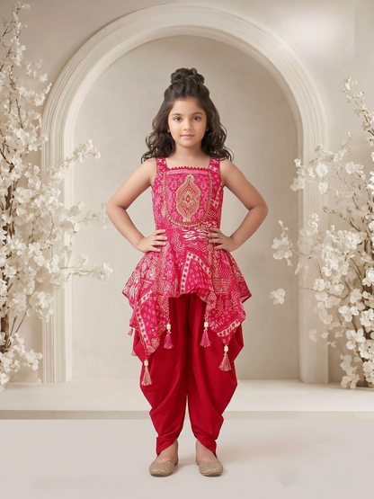 Girls Ethnic Motifs Printed Tiered Thread Work Kurta with Dhoti Pants