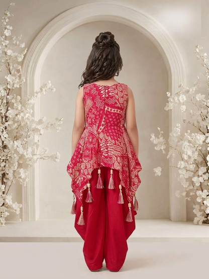 Girls Ethnic Motifs Printed Tiered Thread Work Kurta with Dhoti Pants