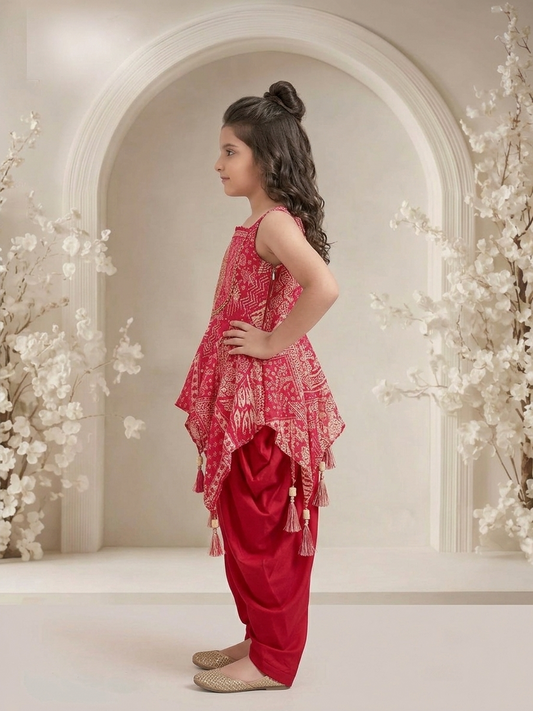 Girls Ethnic Motifs Printed Tiered Thread Work Kurta with Dhoti Pants