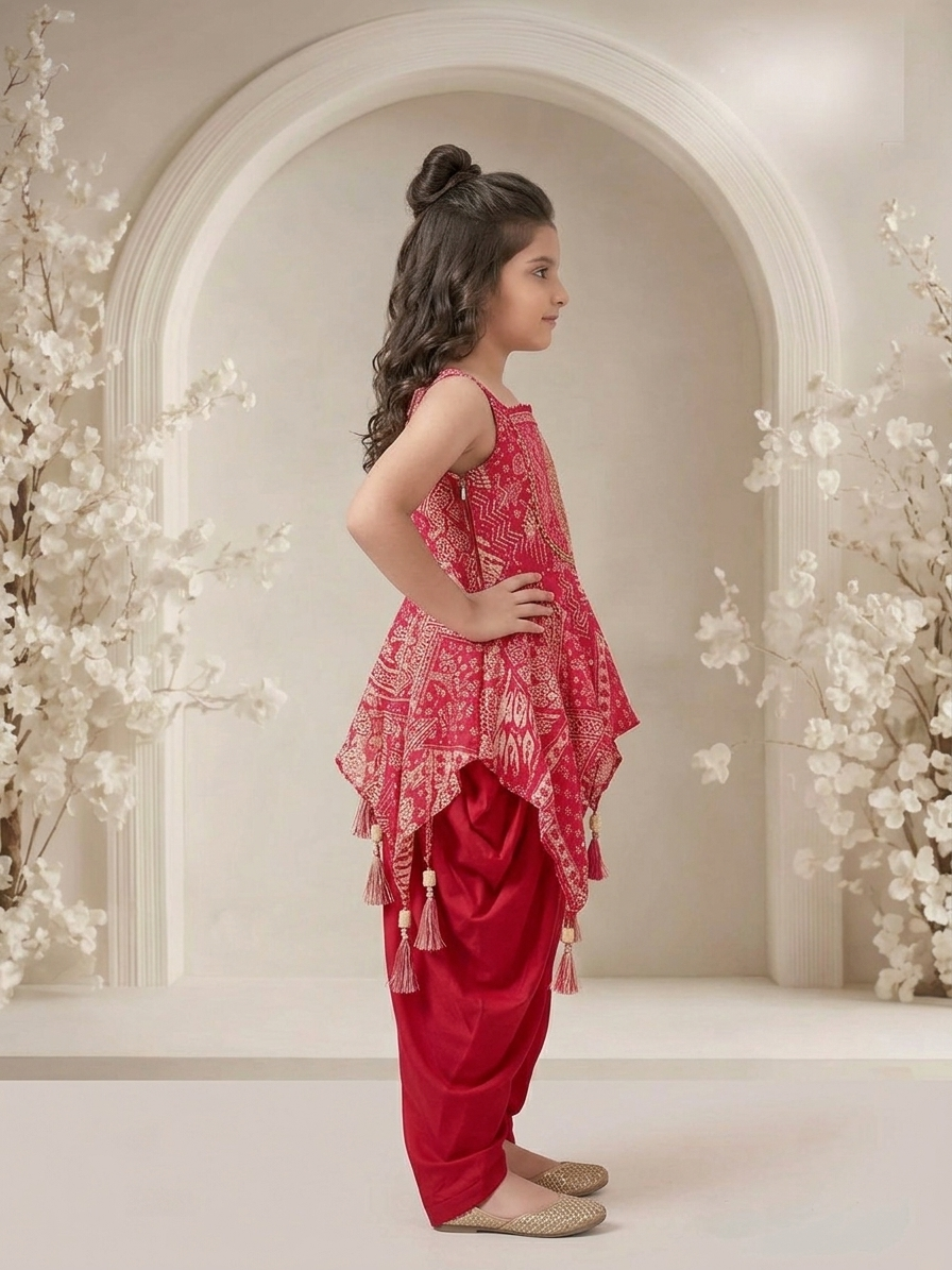 Girls Ethnic Motifs Printed Tiered Thread Work Kurta with Dhoti Pants