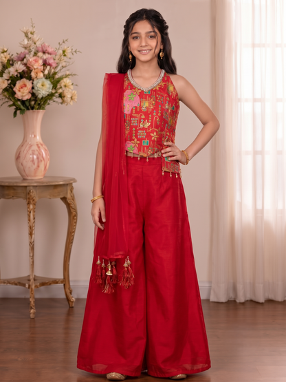 Girls' Red Printed Halter Top and Solid Palazzo Set with Dupatta