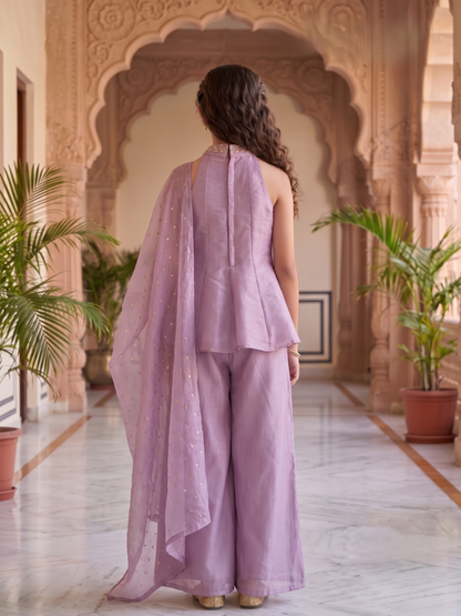 Girls' Lavender Embellished Halter Peplum and Palazzo Set with Dupatta