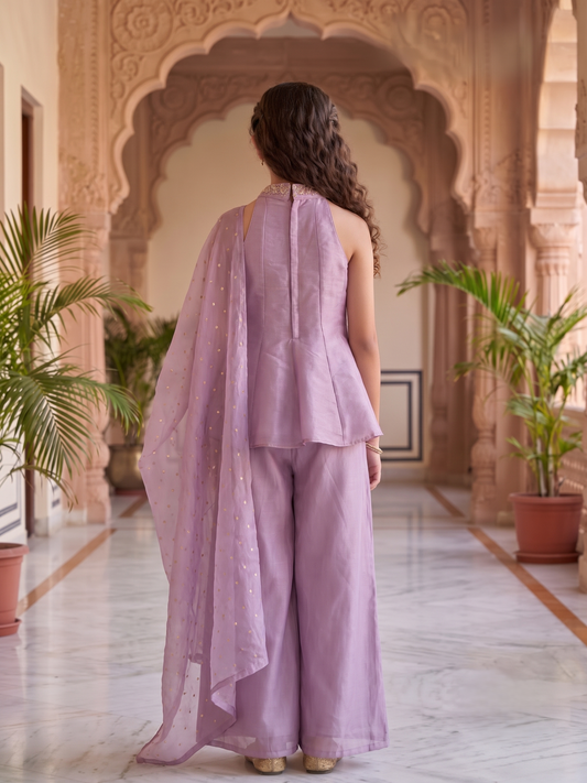 Girls' Lavender Embellished Halter Peplum and Palazzo Set with Dupatta