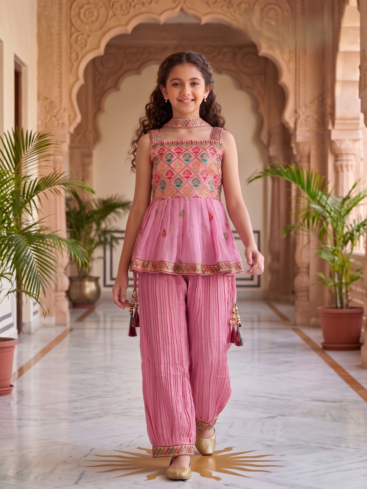 Girls Ethnic Motifs Embroidered Regular Kurta with Patiala & With Dupatta