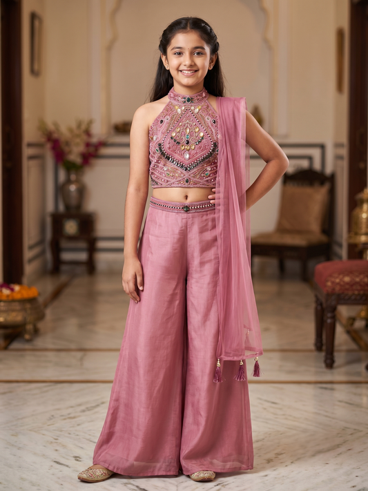 Girls' Dusty Pink Embellished Halter Crop Top and Palazzo Set with Dupatta
