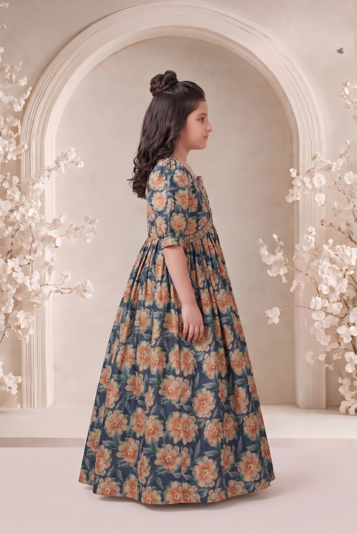 Floral Print Puff Sleeve Chiffon A-Line Maxi Dress