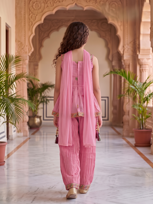 Girls Ethnic Motifs Embroidered Regular Kurta with Patiala & With Dupatta