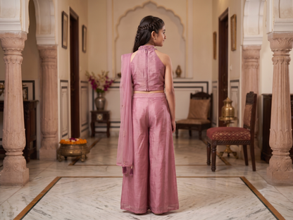 Girls' Dusty Pink Embellished Halter Crop Top and Palazzo Set with Dupatta