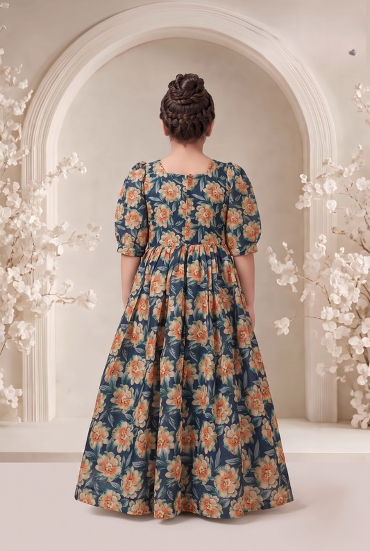 Floral Print Puff Sleeve Chiffon A-Line Maxi Dress