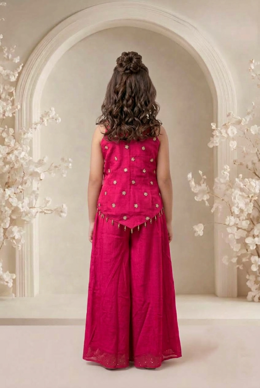 Girls' Magenta Gold Floral Embroidered Strappy Top and Flared Palazzo Set