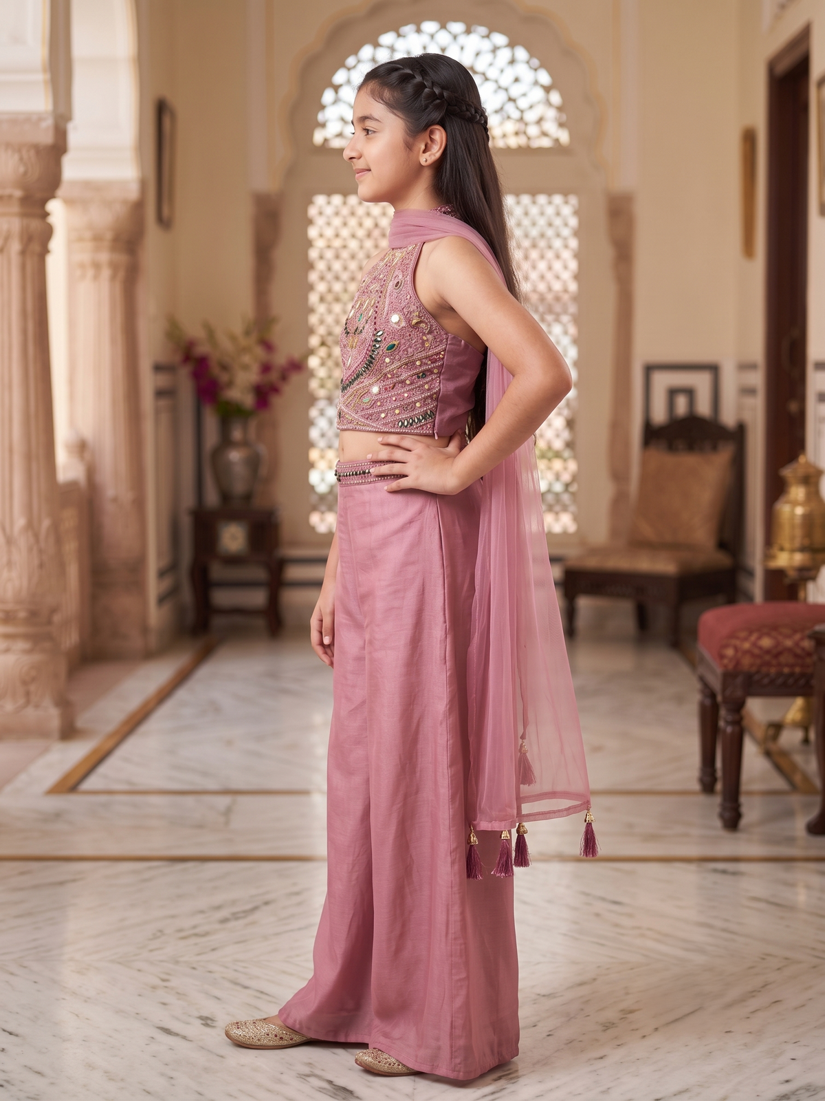 Girls' Dusty Pink Embellished Halter Crop Top and Palazzo Set with Dupatta