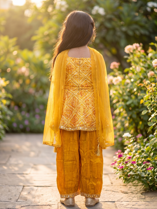 Girls Ethnic Motifs Tiered Mirror Work Kurta with Patiala & Dupatta