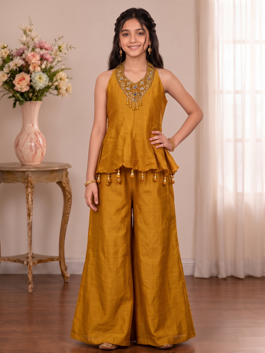 Girls Embellished Halter Peplum and Palazzo Set