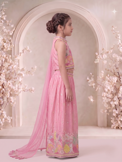 Girls Floral Embroidered Regular Thread Work Top with Palazzos & With Dupatta
