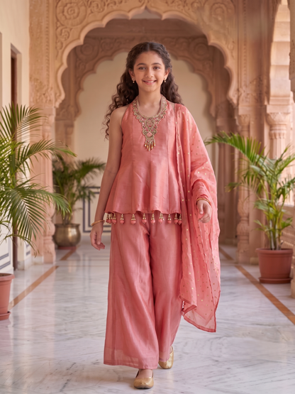Girls' Pink Embellished Halter Peplum and Palazzo Set with Dupatta