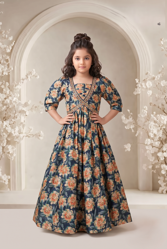 Floral Print Puff Sleeve Chiffon A-Line Maxi Dress