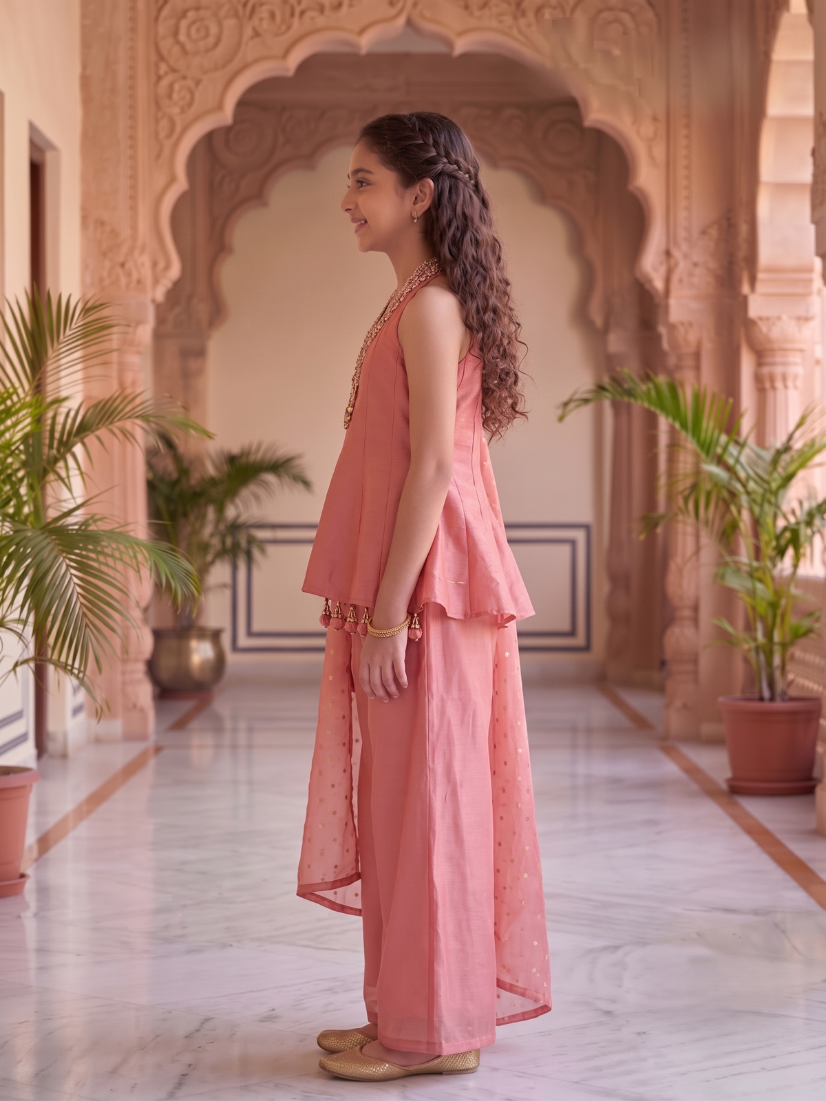 Girls' Pink Embellished Halter Peplum and Palazzo Set with Dupatta