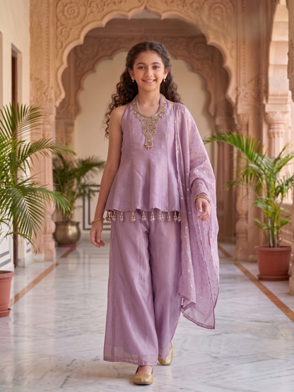 Girls' Lavender Embellished Halter Peplum and Palazzo Set with Dupatta