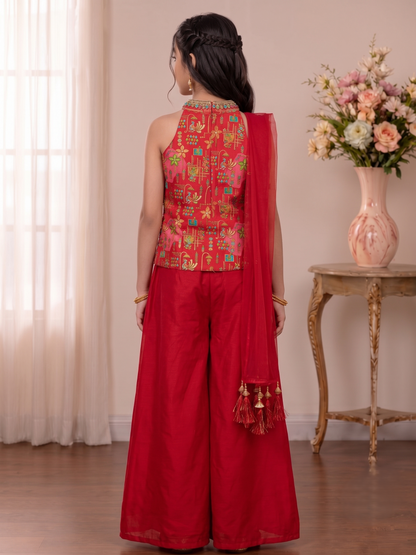 Girls' Red Printed Halter Top and Solid Palazzo Set with Dupatta