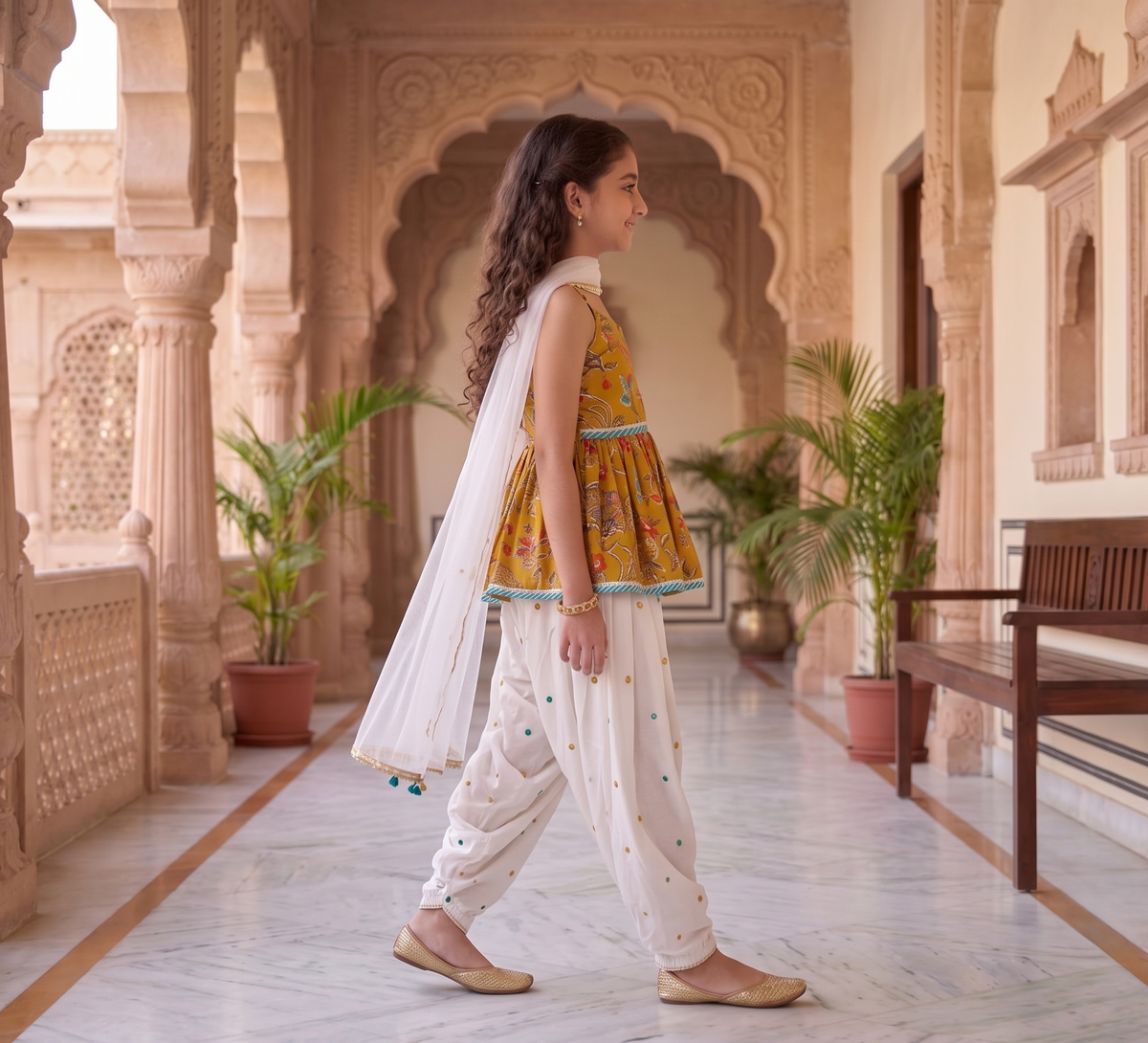 Girls Ethnic Motifs Printed Empire Kurta with Patiala & With Dupatta