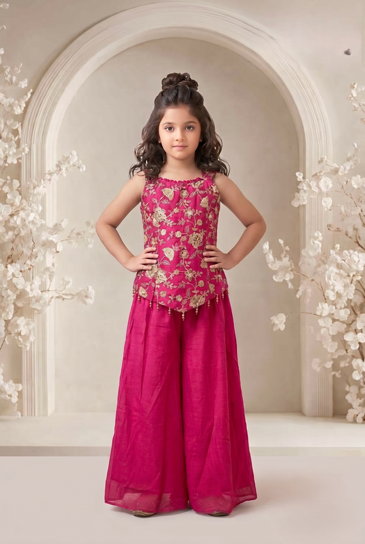 Girls' Magenta Gold Floral Embroidered Strappy Top and Flared Palazzo Set
