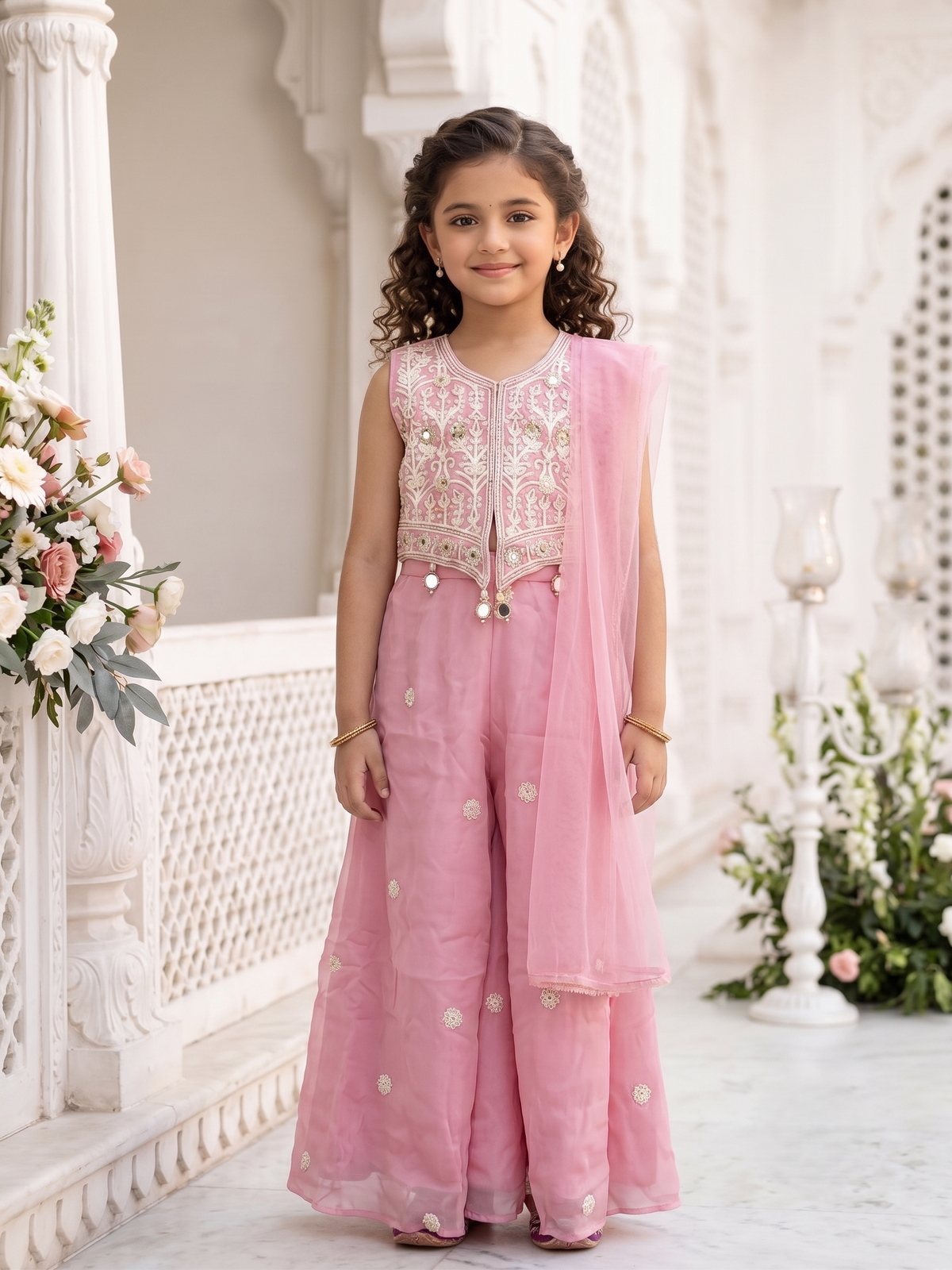 Girls Ethnic Motifs Embroidered Regular Mirror Work Kurta with Palazzos & With Dupatta