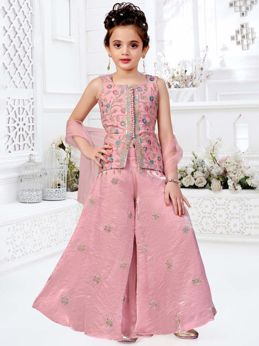 Rose Glow Embroidered Palazzo Set for Girls