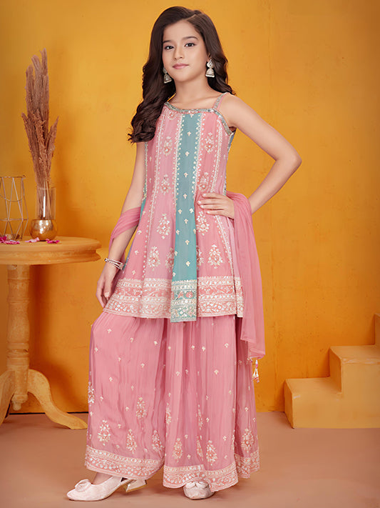 Pink & Aqua Embroidered Sharara Set with Dupatta