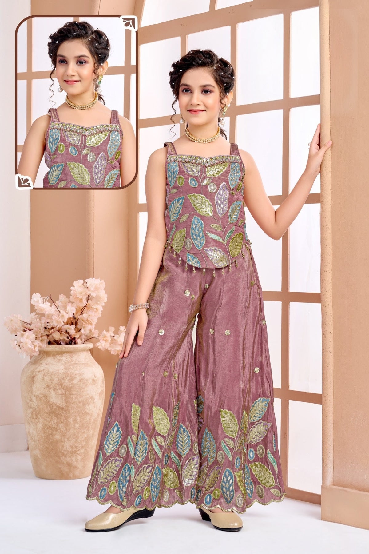Girls Mauve Embroidered Silk Blend Top & Palazzo Set