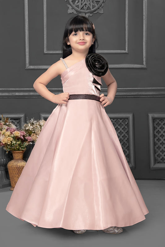 Girls Assymetric Neck Satin Gown Dress