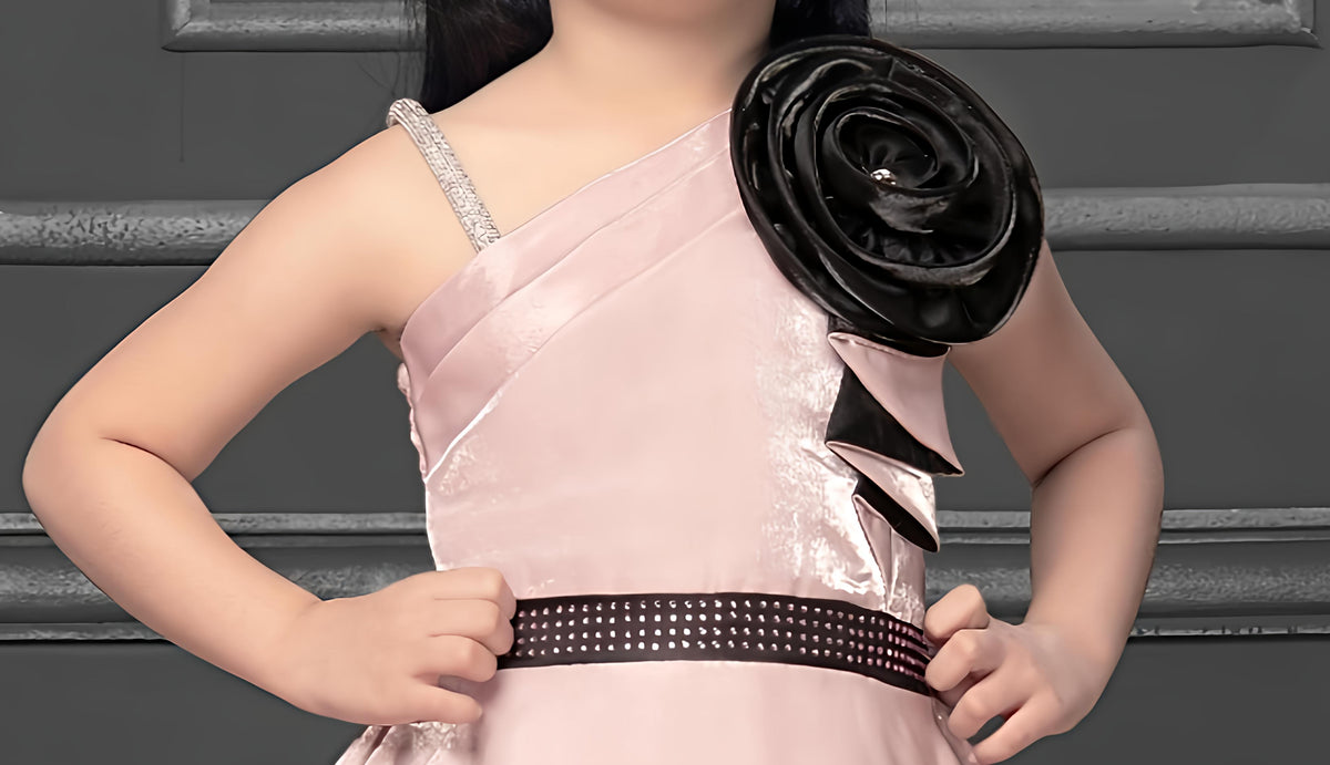 Girls Assymetric Neck Satin Gown Dress