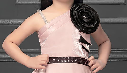 Girls Assymetric Neck Satin Gown Dress