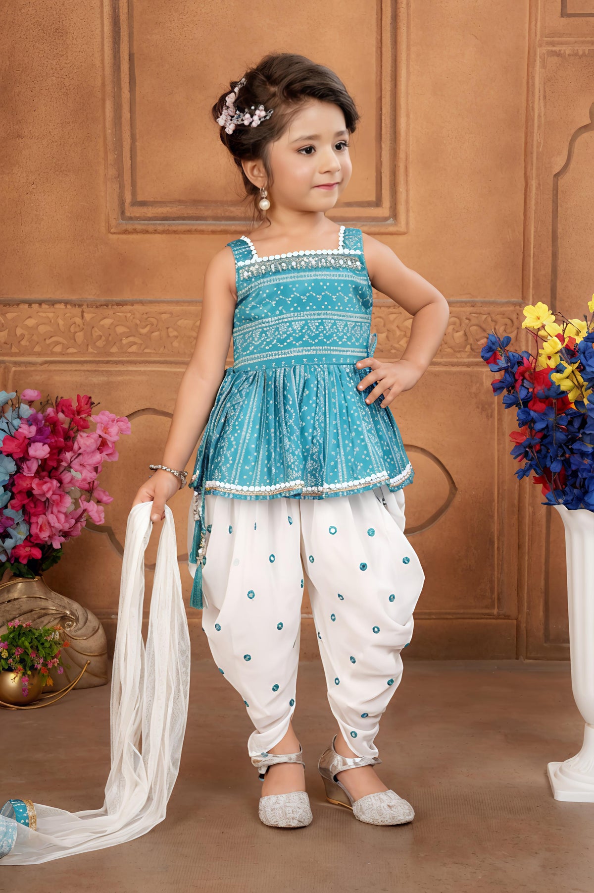 Girls Ethnic Motifs Printed Square Neck Empire Kurta Dhoti Pants & Dupatta