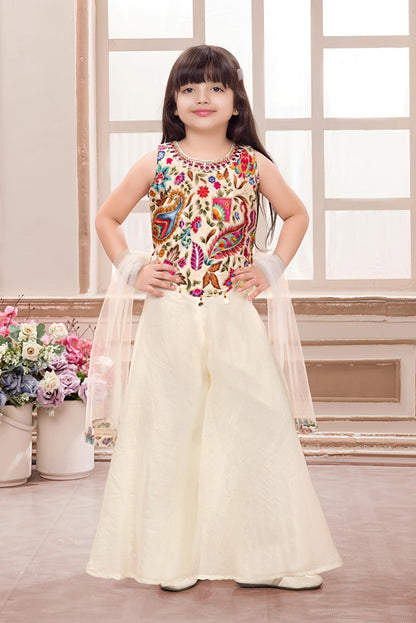 Girls Floral Embroidered Top with Palazzos & With Dupatta