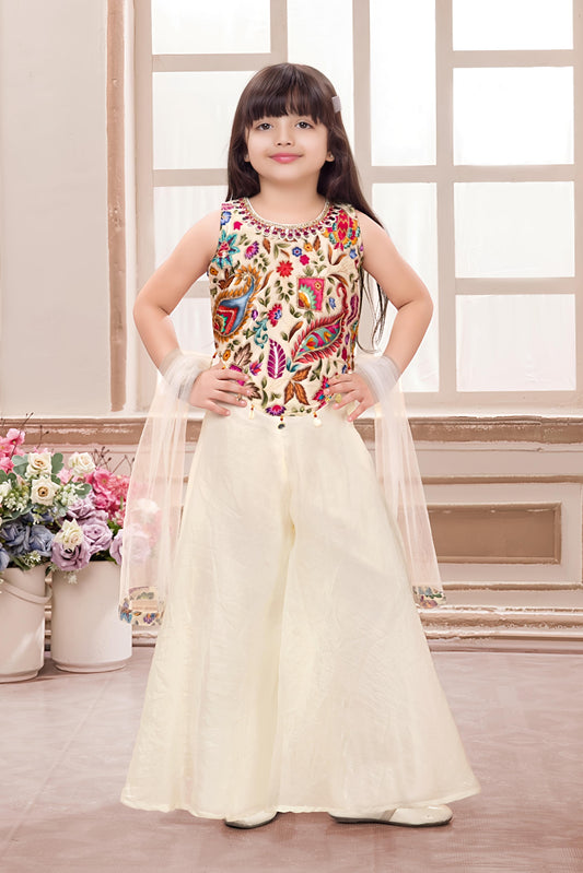 Girls Floral Embroidered Top with Palazzos & With Dupatta