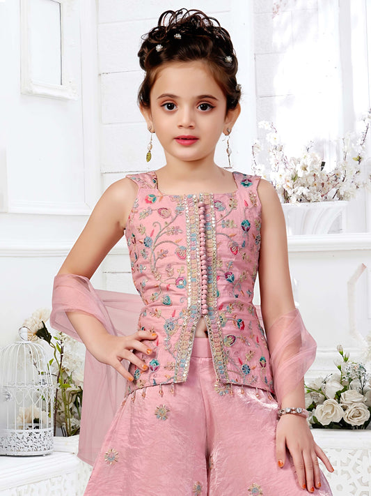Rose Glow Embroidered Palazzo Set for Girls