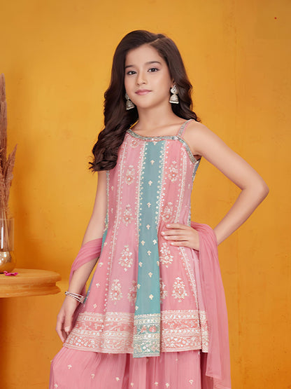 Pink & Aqua Embroidered Sharara Set with Dupatta