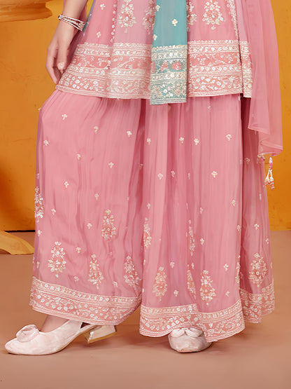 Pink & Aqua Embroidered Sharara Set with Dupatta